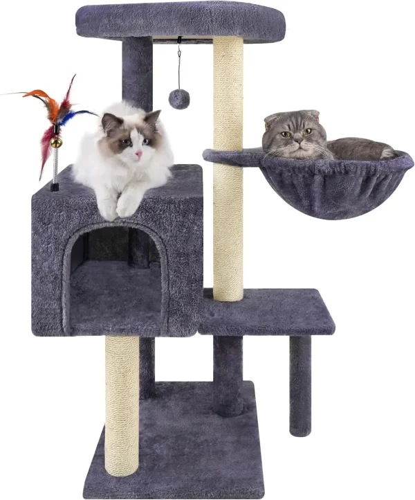 Multifunction Cat Tree with Cozy Hammock & Hanging Ball, Cat Tower with Activity Cat Condo Jute-Covered Scratching Posts, Grey - Image 2