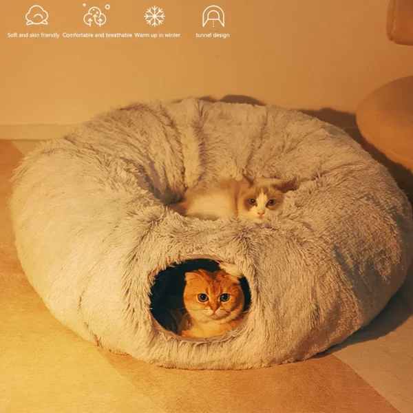 2 In 1 Round Cat Beds Long Plush Soft Foldable Cat Tunnel Toy Dog Bed For Small Dogs Basket Kittens Bed Mat Kennel Deep Sleep - Image 2
