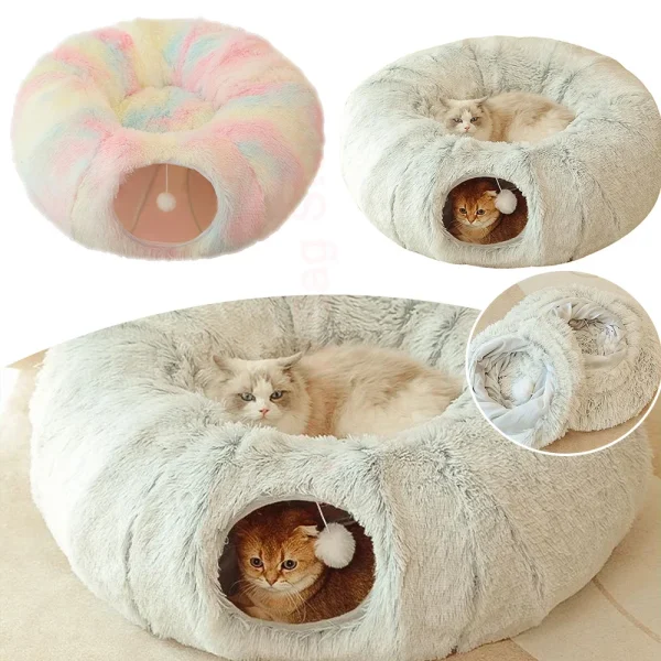 2 In 1 Round Cat Beds Long Plush Soft Foldable Cat Tunnel Toy Dog Bed For Small Dogs Basket Kittens Bed Mat Kennel Deep Sleep - Image 6