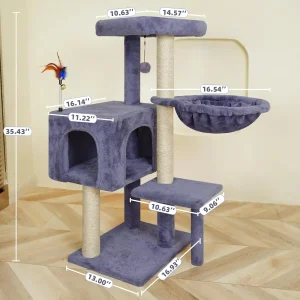 Multifunction Cat Tree with Cozy Hammock & Hanging Ball, Cat Tower with Activity Cat Condo Jute-Covered Scratching Posts, Grey