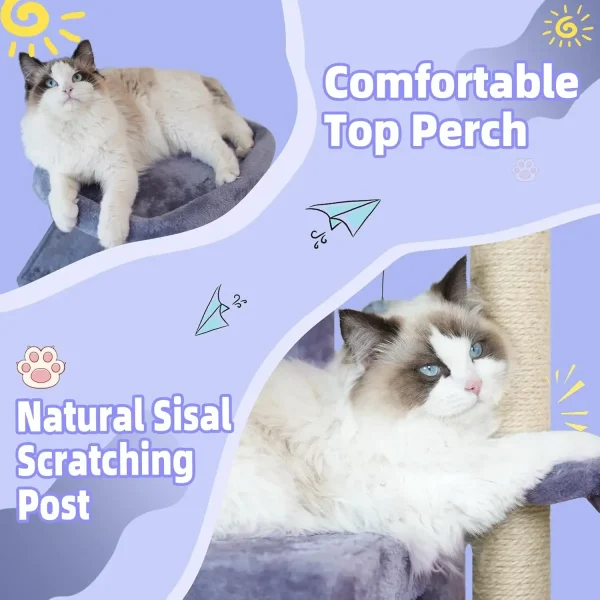 Multifunction Cat Tree with Cozy Hammock & Hanging Ball, Cat Tower with Activity Cat Condo Jute-Covered Scratching Posts, Grey - Image 4