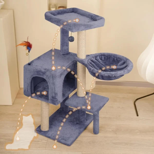 Multifunction Cat Tree with Cozy Hammock & Hanging Ball, Cat Tower with Activity Cat Condo Jute-Covered Scratching Posts, Grey - Image 3