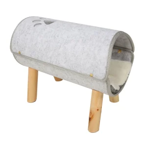 Cat Tunnel Bed with Wooden Legs Soft Comfortable Elevated Cat Tunnel Bed with Plush Cushion for All Seasons