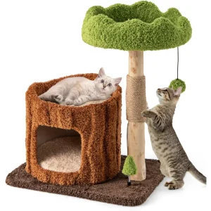 Wood Cat Tree, Natural Branch Cute Kitten Tower with Jute Scratching Post & Mat, Tree Hole Condo, Bed, Perch, Dan