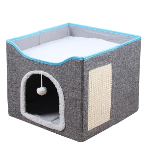 Cat Bed Foldable Cat House with Fluffy Ball & Scratch Pad Cat Cube Cave Large Kitten Sleeping Bed Comfortable for Indoor Cats