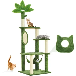 61" Large Cat Tree Tower for Indoor Cats with DIY Green Leaves Scratching Post Multi Soft Hang Ball Plush Cat House