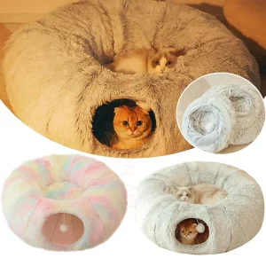 2 In 1 Round Cat Beds Long Plush Soft Foldable Cat Tunnel Toy Dog Bed For Small Dogs Basket Kittens Bed Mat Kennel Deep Sleep